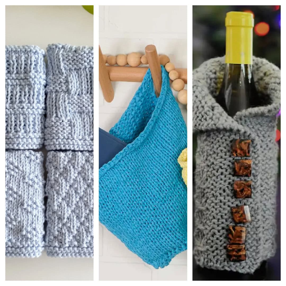 A collage of three knitting projects: gray textured knit squares, a turquoise knitted bag hanging on wooden hooks, and a wine bottle wrapped in a gray knitted cover with buttons. -Marly Bird