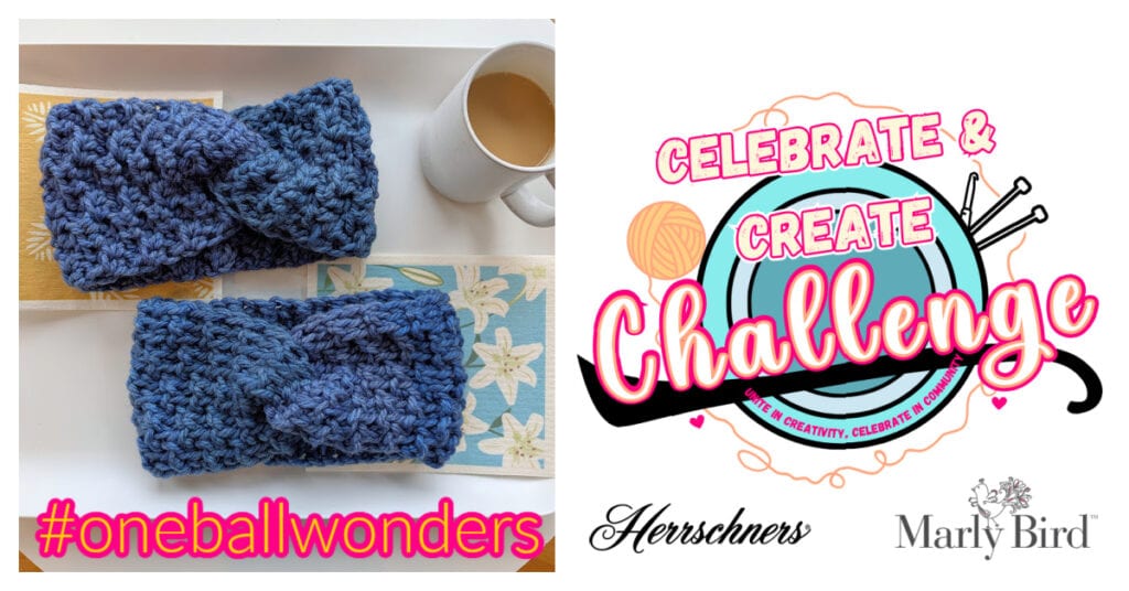 Two blue crochet headbands sit beside a steaming cup of coffee on a patterned surface. The text reads "#oneballwonders" and "Celebrate & Create Challenge," with yarn and needle graphics. Herrschners and Marly Bird logos are prominently featured, highlighting the joy of crafting with just one ball of yarn. -Marly Bird