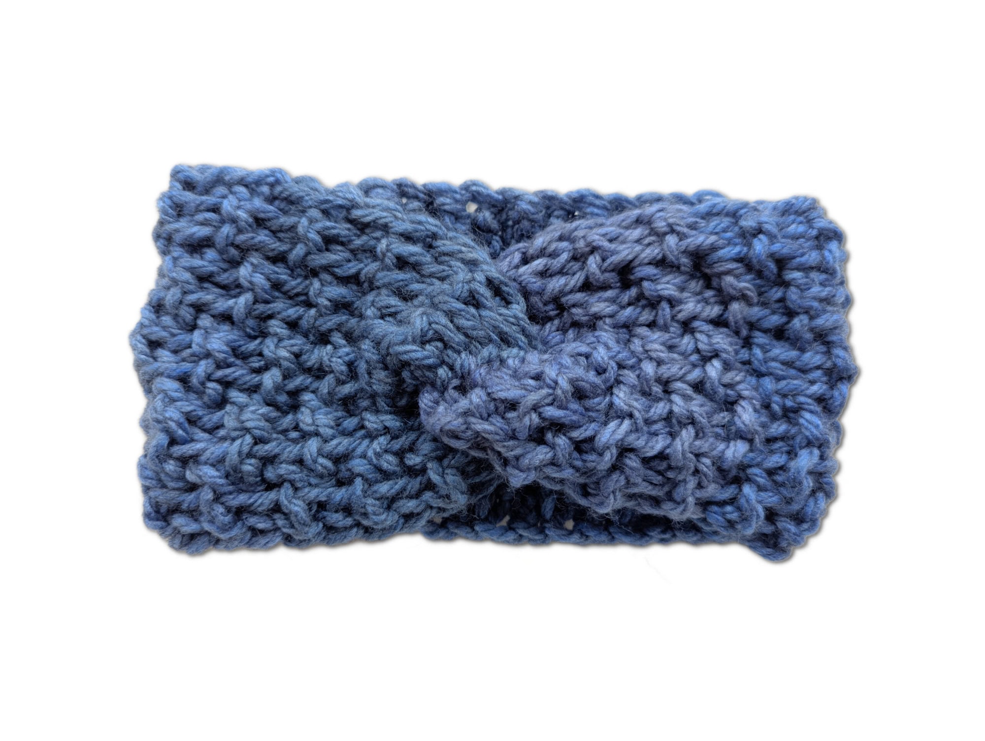 A blue crocheted headband with a textured knit pattern and a central twist, displayed against a white background. -Marly Bird