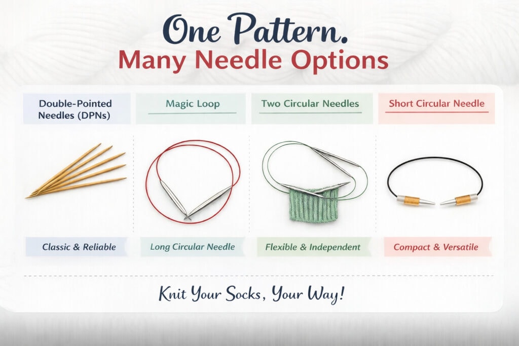 Infographic showing four sock-knitting needle options: double-pointed needles, magic loop, two circular needles, and short circular needle—all with descriptions and images. Features the Skyline Ribbed Knit Socks for inspiration. Text: "Knit Your Socks, Your Way!. -Marly Bird