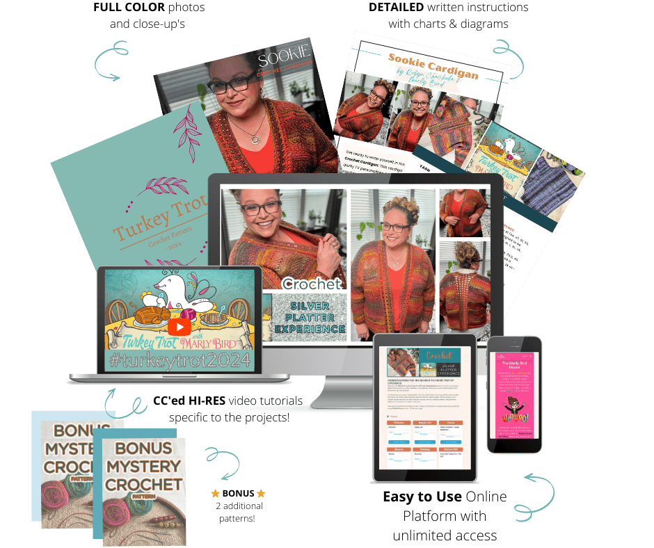 A collection of crochet resources including a laptop, tablet, and phone displaying vibrant guides like the Sookie Crochet Cardigan Lesson 1. Various printouts and books are scattered around, showcasing colorful designs with a person modeling exquisite crochet garments. -Marly Bird