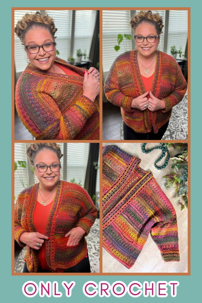 A person models a colorful crocheted cardigan in various poses, smiling and showcasing the garment's details. The bottom panel shows the cardigan laid flat. Text at the bottom reads "ONLY CROCHET." The setting is a home with plants in the background. -Marly Bird