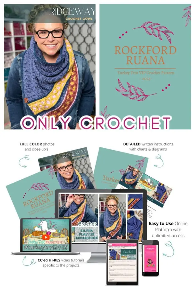 A smiling woman wears glasses and a multicolored crochet cowl. Promotional images highlight the "Rockford Ruana" crochet pattern from Marly Bird, featuring instructions, charts, devices, and “Only Crochet” in bold pink text—a perfect Make-Along project. -Marly Bird