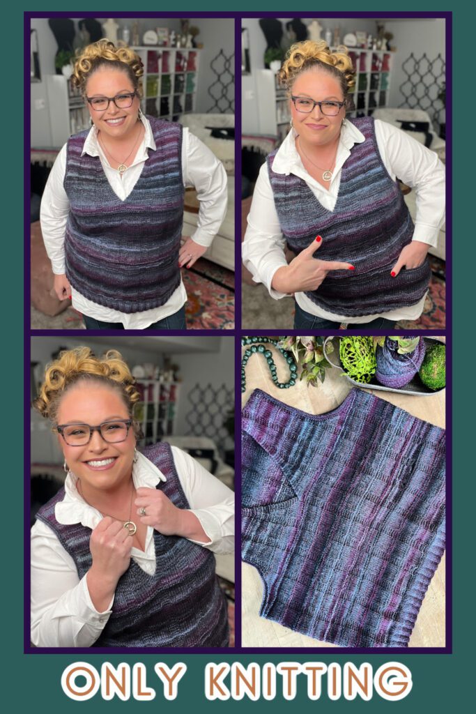 A person wearing glasses and a handmade knit vest poses in three images. Another image shows a close-up of the vest lying flat, highlighting the pattern. The text at the bottom reads "ONLY KNITTING. -Marly Bird