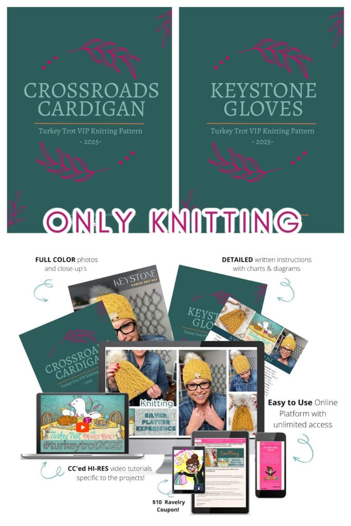 Promotional collage for Marly Bird's Turkey Trot Make-Along, featuring "Crossroads Cardigan" and "Keystone Gloves" knitting patterns, with covers, digital tutorials, close-up yarn shots, a smiling knitter, and devices displaying pattern content. -Marly Bird