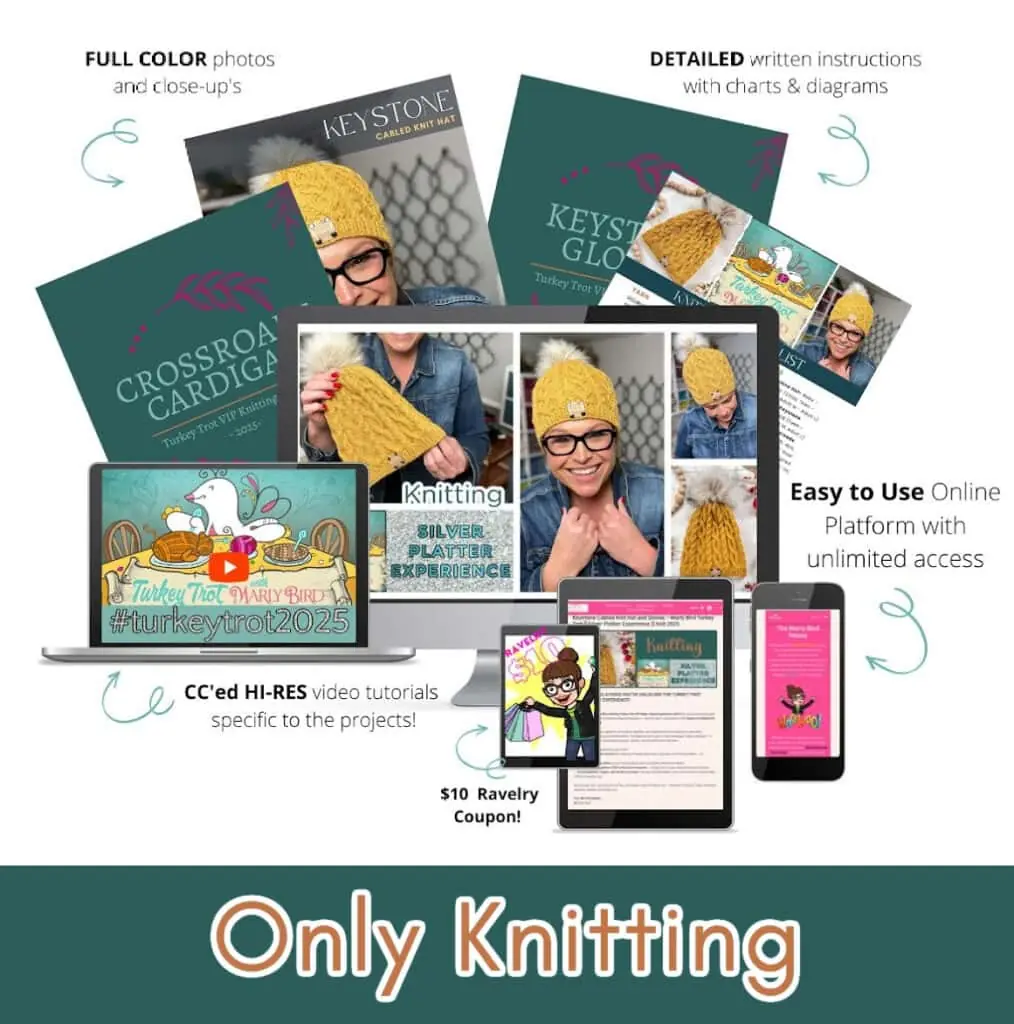 A collage promoting a Marly Bird Make-Along knitting tutorial bundle, featuring colorful e-books, close-up photos of knitted items, a woman in a yellow knit hat, video tutorials on a laptop, and text about easy online access and detailed instructions. -Marly Bird