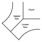 Diagram showing two overlapping trim pieces labeled "Upper Trim" and "Lower Trim" meeting at a corner with a vertical line labeled "Front." The trims have curved outer edges, ideal for finishing your free knit swing cardigan pattern. -Marly Bird