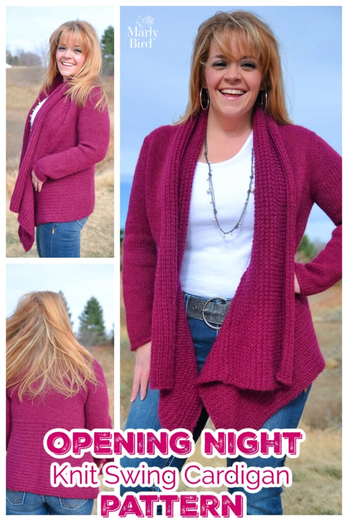 A woman models a deep pink knit swing cardigan outdoors. The collage shows front, side, and back views. Text at the bottom reads, "OPENING NIGHT Free Knit Swing Cardigan Pattern. -Marly Bird