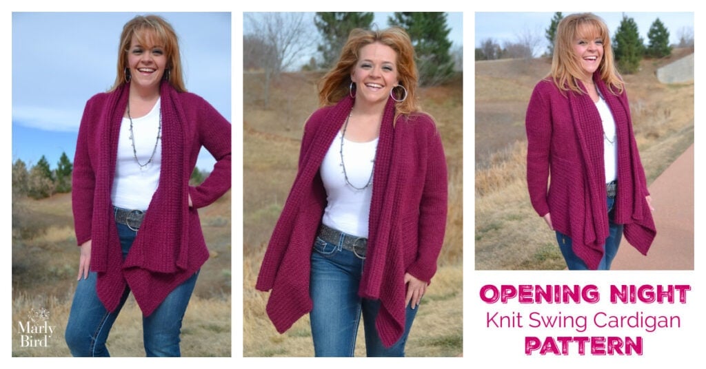 Three images show a smiling woman outdoors in a deep pink knit swing cardigan, jeans, and a white top. Text reads "OPENING NIGHT Knit Swing Cardigan PATTERN," featuring our free knit swing cardigan pattern. -Marly Bird