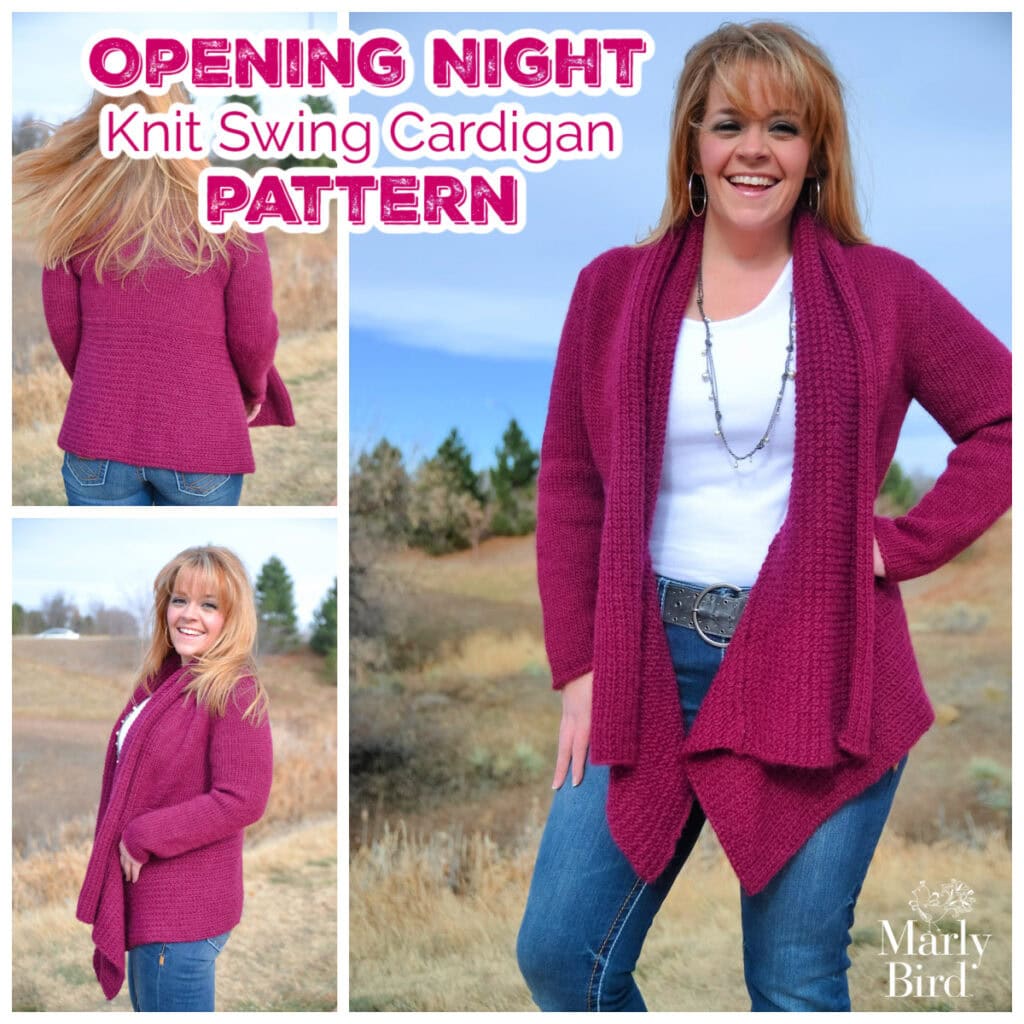 A smiling woman models a berry-colored knit swing cardigan in three poses outdoors. Text reads "Opening Night Free Knit Swing Cardigan Pattern." The Marly Bird logo is in the lower right corner. -Marly Bird