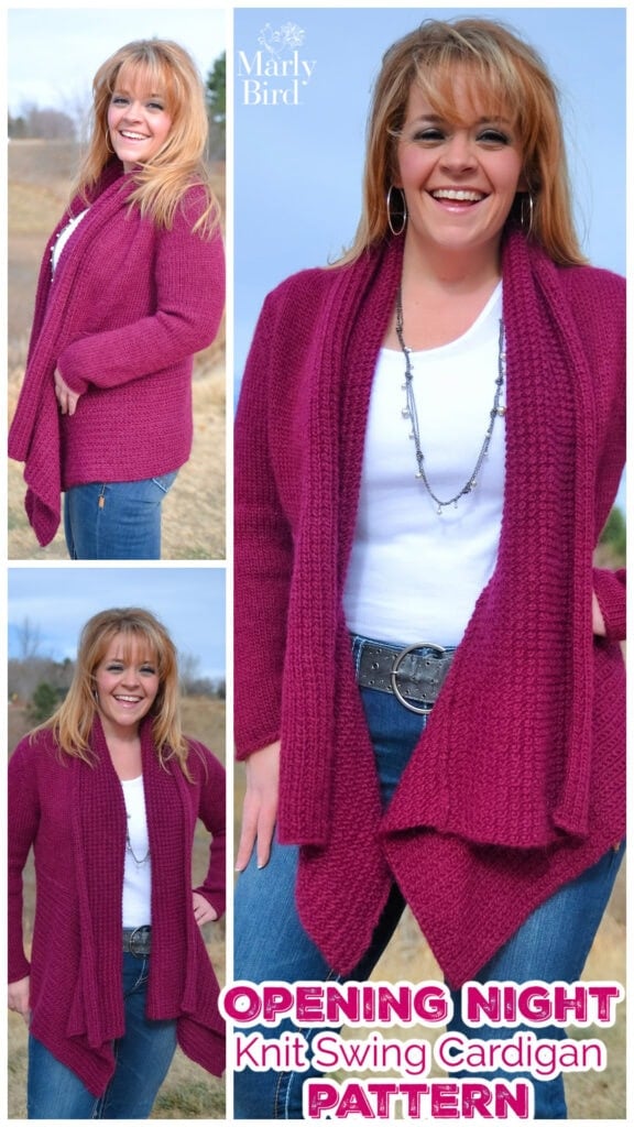 A smiling woman models a deep pink knit swing cardigan over a white top and jeans outdoors. Text reads: “OPENING NIGHT Free Knit Swing Cardigan Pattern.”. -Marly Bird