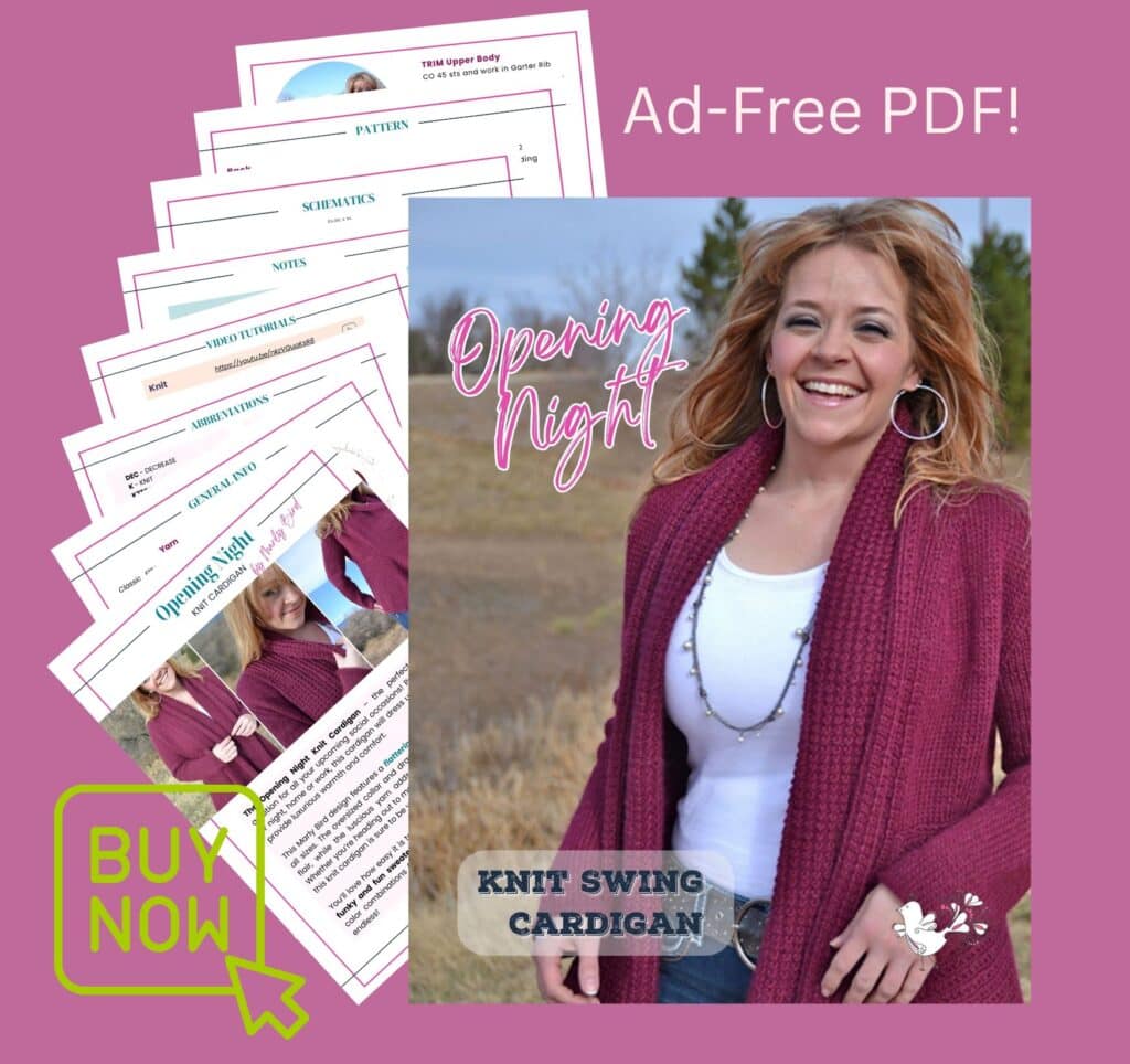 A smiling woman in a maroon knit cardigan stands outdoors. Beside her is a PDF preview of free knit swing cardigan pattern instructions. Text reads, "Ad-Free PDF! Opening Night! Knit Swing Cardigan." A green "Buy Now" button is at the bottom left. -Marly Bird
