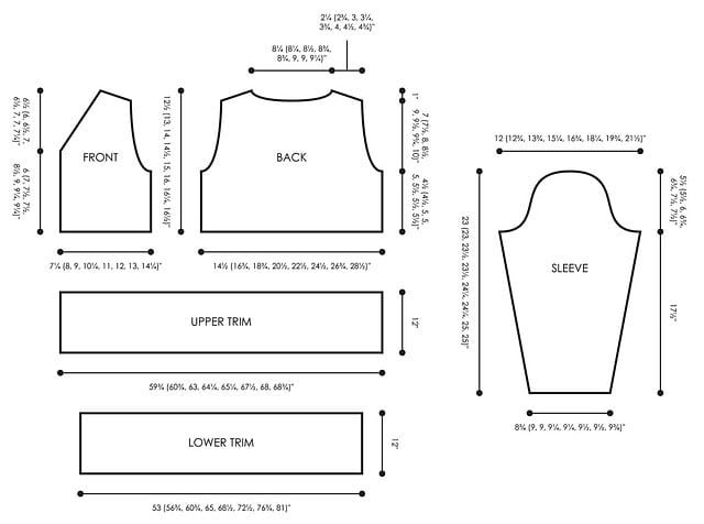 A sewing pattern diagram for a free knit swing cardigan pattern, showing labeled pieces—front, back, sleeve, upper trim, and lower trim—with detailed measurements for each piece in inches along the edges. -Marly Bird