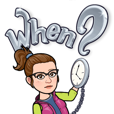 Cartoon woman with glasses and brown hair in a ponytail holds a pocket watch. Above her, shiny letters spell “When?” She looks serious, dressed in a pink vest and green sleeves—perfect for Knitters and Crocheters planning their next Prism Make-Along!. -Marly Bird