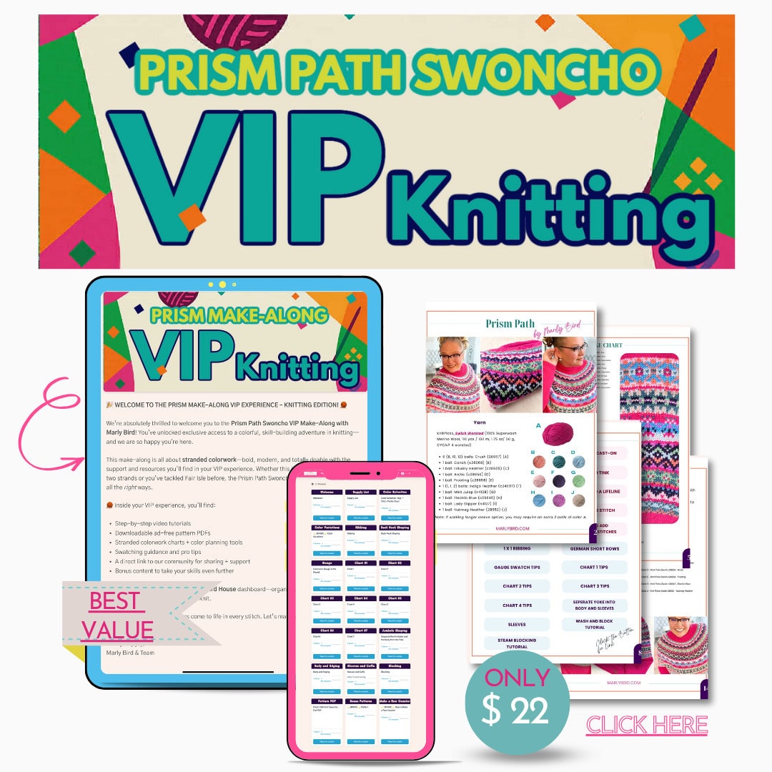 Colorful advertisement for “PRISM PATH SWONCHO VIP Knitting,” featuring bold text, digital tablets and phones displaying the knit swoncho pattern, project images, a price label reading “ONLY $22”—with “CLICK HERE” at the bottom. -Marly Bird