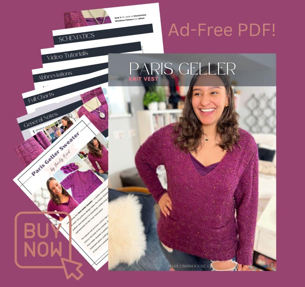 A smiling woman wears a purple knit vest on the cover of a PDF pattern titled "Paris Geller Knit Vest." Behind her are preview pages of the pattern. Text reads "Ad-Free PDF!" with a "Buy Now" button icon in the corner. -Marly Bird