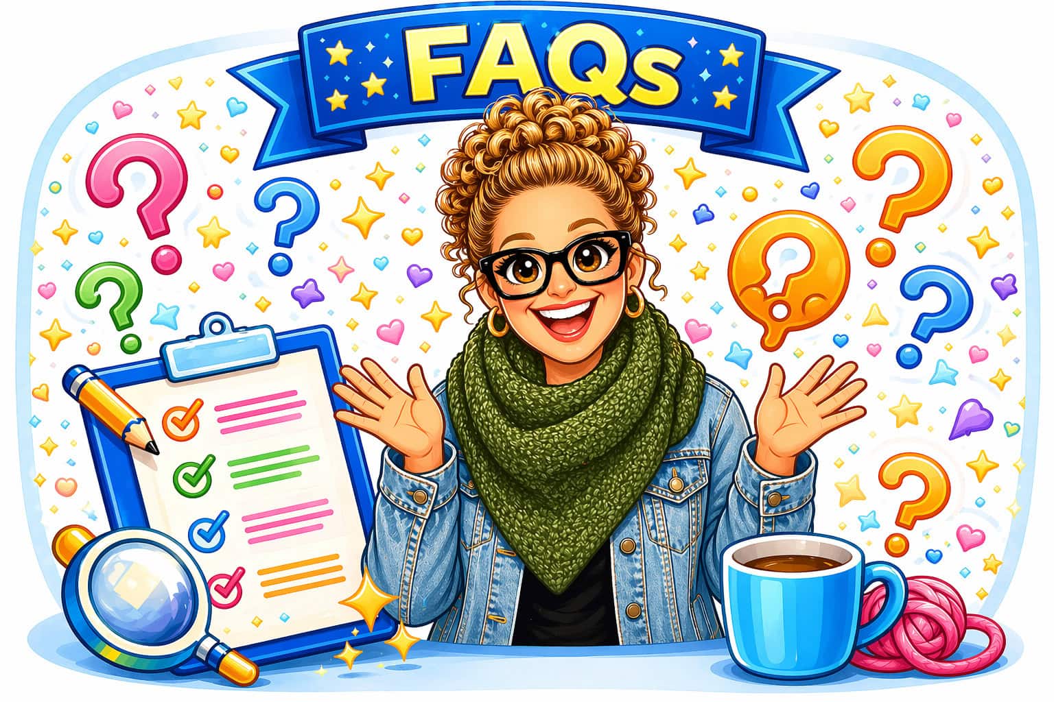 A smiling woman in glasses and a green scarf sits by knitting project tips with FAQ signs and tools like a clipboard and coffee cup.