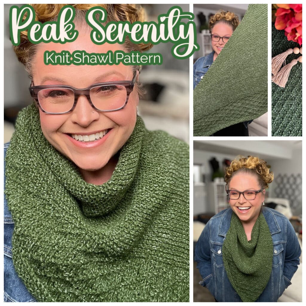 A smiling individual is wrapped in a green knitted shawl, crafted from a one ball knit shawl pattern. The collage highlights the shawl's rich texture and tassels, paired with a denim jacket. Text reads "Peak Serenity Knit Shawl Pattern. -Marly Bird