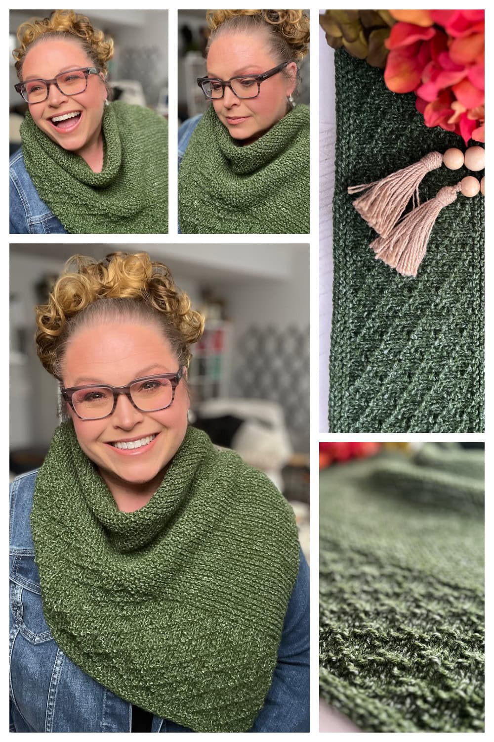 A collage features a smiling person with glasses wearing a textured green cowl and denim jacket. Close-ups reveal the knit pattern and decorative tassels of this Peak Serenity shawl. Blurred decorations and plants enhance the serene background ambiance. -Marly Bird