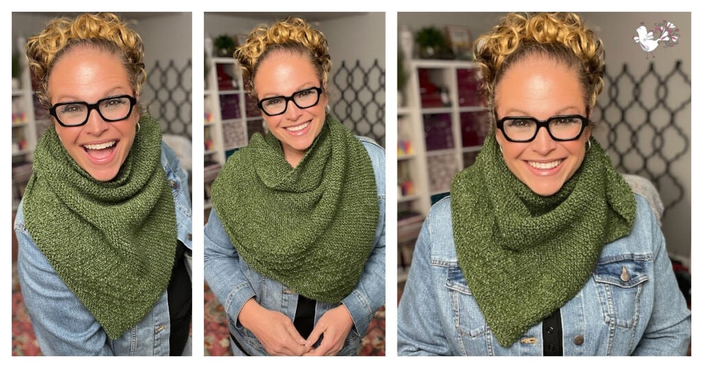 Marly Bird wearing the Peak Sernity one ball knit shawl with textured stitches, shown worn wrapped around the neck over a denim jacket in indoor light. free knit shawl pattern for adventurous beginners