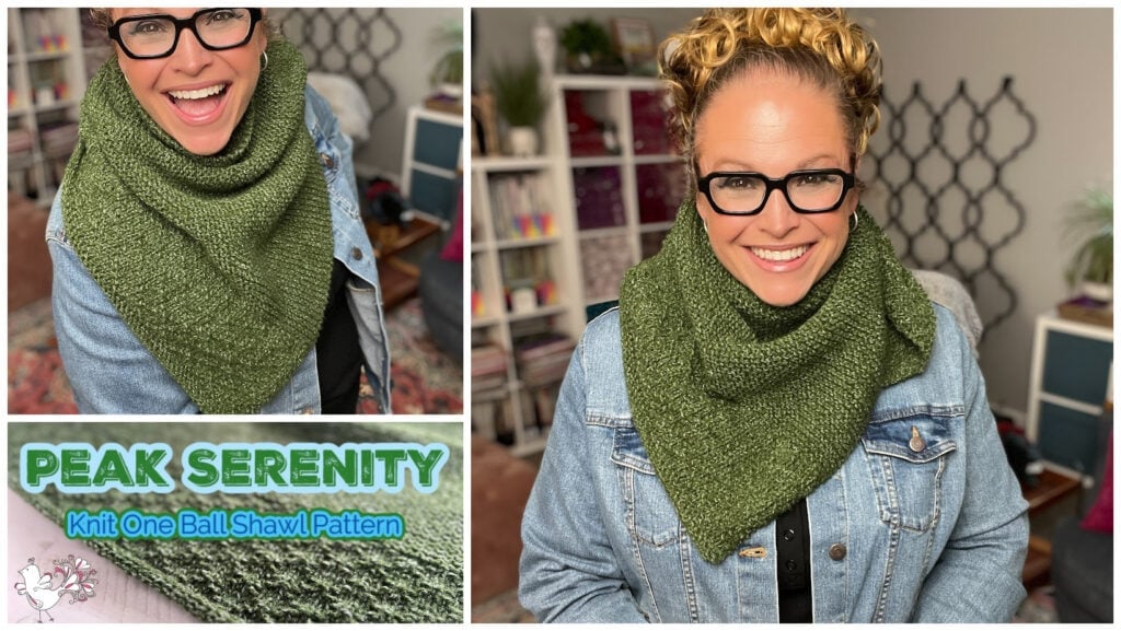 Person with curly hair models a textured green knit shawl over denim, highlighting stitch detail; bookshelves in background.