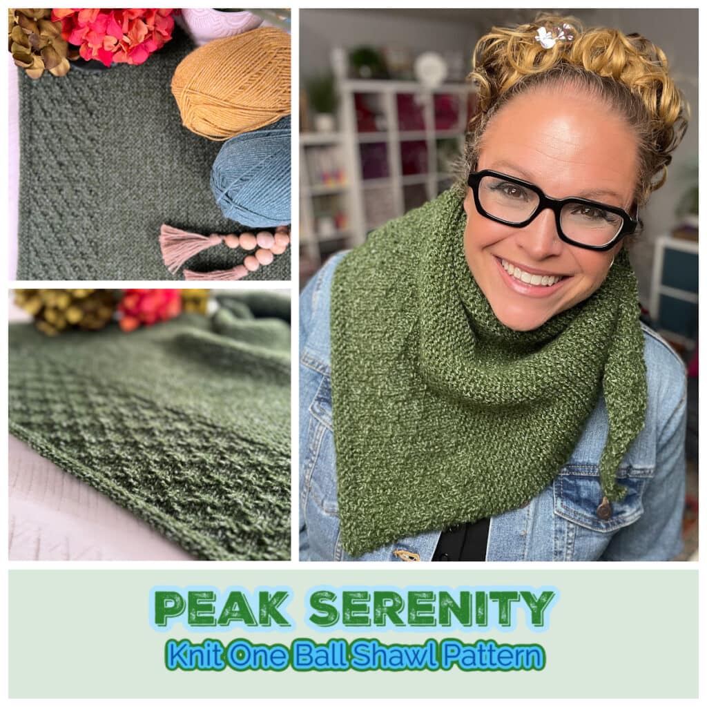 Green knit shawl with textured stitch detail, yarn balls, and a smiling woman modeling the finished project.