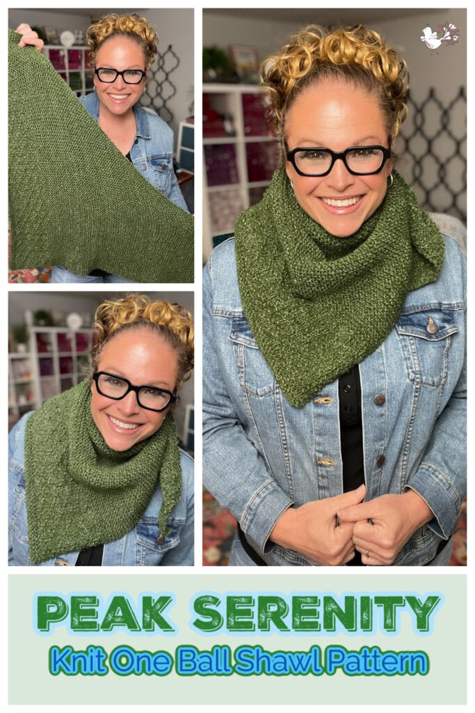 A woman models a textured green knit shawl, showcasing drape and stitch detail; she wears it over a denim jacket indoors.