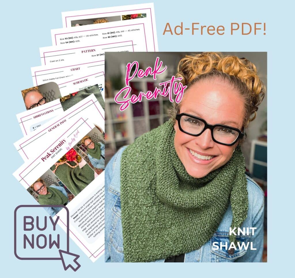 A smiling person models a green knit shawl. The cover shows "Peak Serenity" with pattern preview pages in the background.