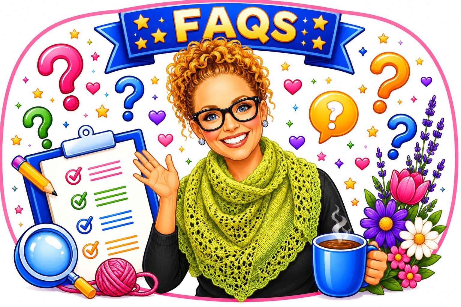 A woman waves beside a shawlette knitting project, with yarn, pattern, and tools visible under a "FAQS" banner.