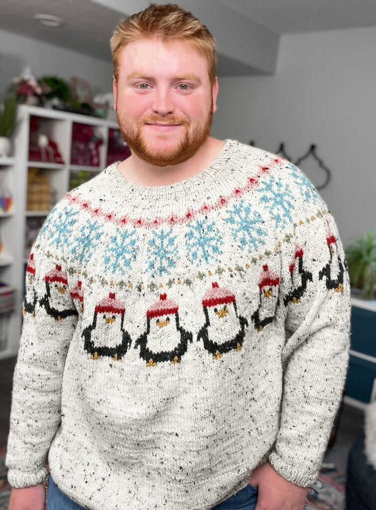 A man with short reddish-blonde hair and beard smiles, wearing a cream-colored knitted sweater decorated with blue snowflakes and penguins in red hats, perfect inspiration for free knitting and crochet patterns. He stands indoors with shelves and plants behind him. -Marly Bird