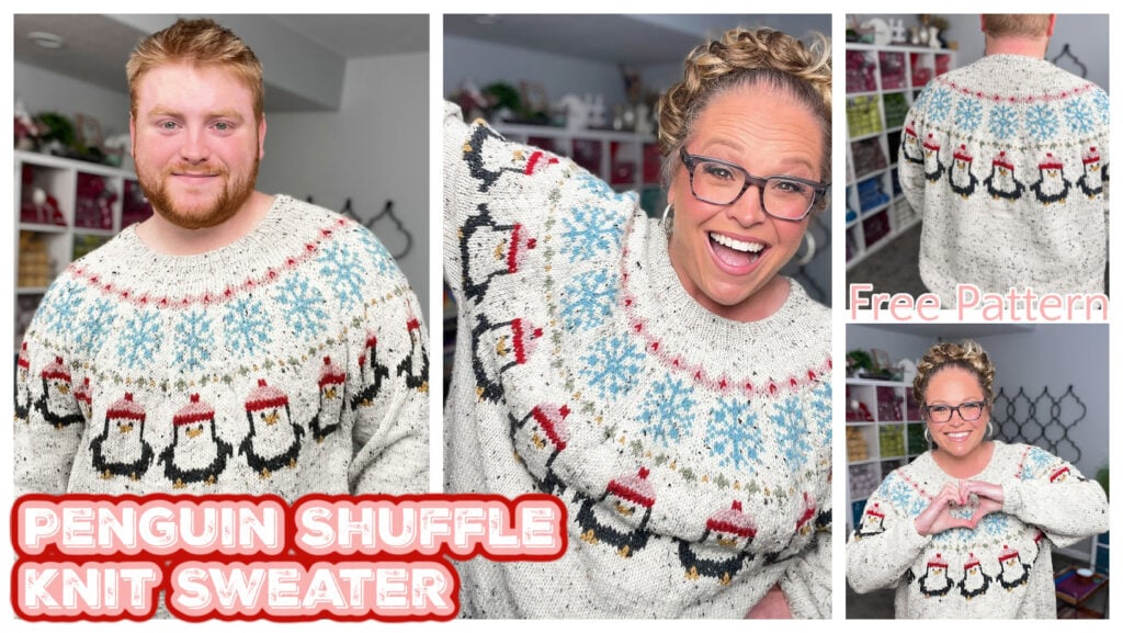 A man and a woman wear white stranded colorwork sweaters with penguin and snowflake patterns. The woman smiles, poses with arms out and forms a heart with her hands. Text reads "Penguin Shuffle Knit Sweater" and "Free sweater pattern. -Marly Bird