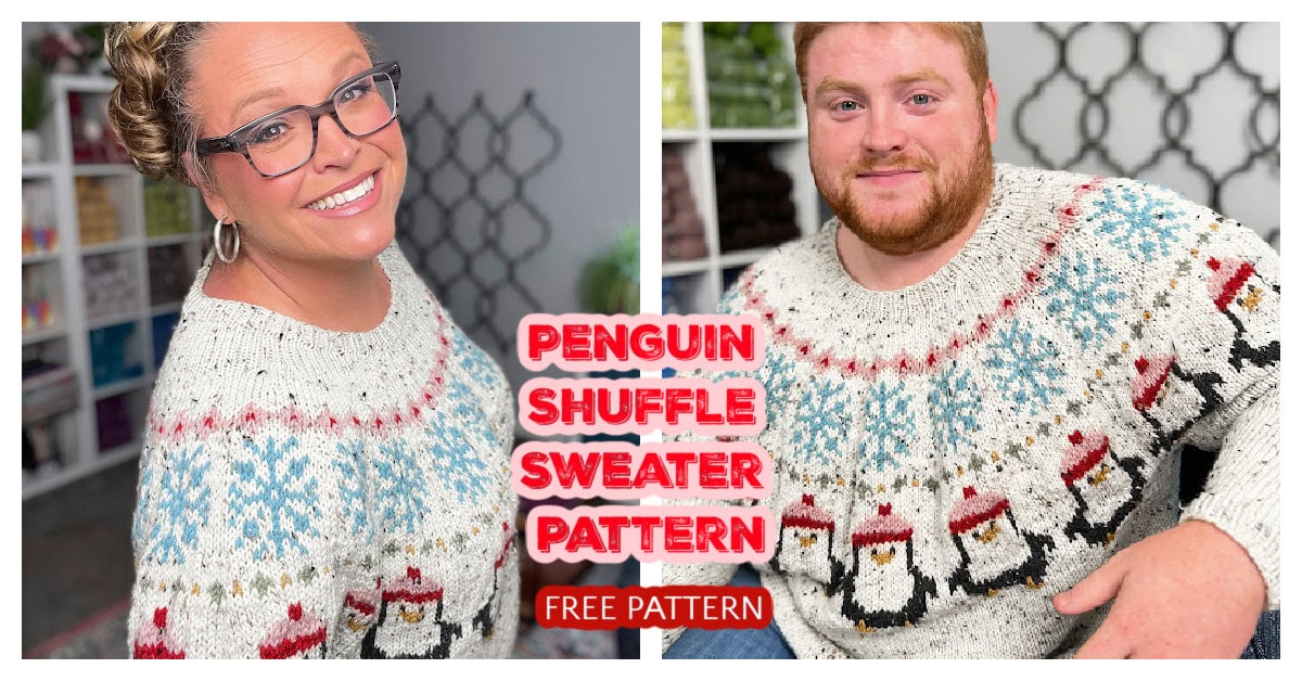 Two people smile in white knit sweaters decorated with penguins and colorful designs. Text reads, "Penguin Shuffle Sweater Pattern, Free Pattern." Shelves of yarn are behind them—a charming penguin yoke sweater knitting pattern on display. -Marly Bird