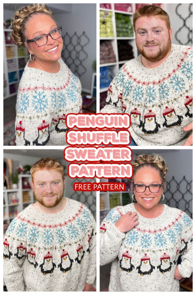 Four photos of two people wearing white penguin yoke sweaters with a colorful design. Text in the center reads: "Penguin Shuffle Sweater Pattern—Free Pattern." Shelves of yarn are visible in the background. Perfect for your next knitting pattern project!. -Marly Bird
