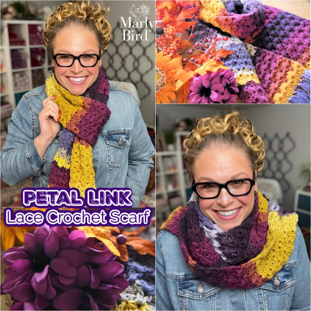 A smiling woman with curly hair and glasses models a colorful lace crochet scarf in purple, yellow, and pink. The scarf is styled in different ways. Flowers and yarn appear in the collage. Text reads: "PETAL LINK Lace Crochet Scarf. -Marly Bird