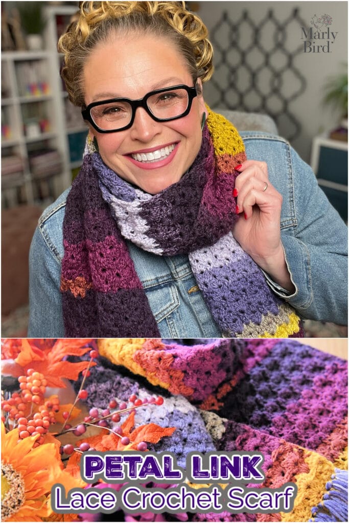 A smiling woman in glasses and a denim jacket wears a colorful, textured crochet scarf. Below, the scarf is displayed with fall leaves, and text reads, "PETAL LINK Lace Crochet Scarf." The Marly Bird logo is in the top right corner. -Marly Bird