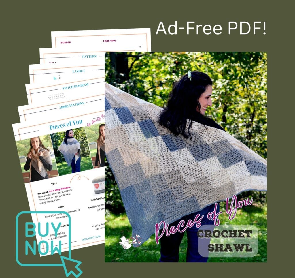 A woman models a large checkered crochet shawl using single crochet entrelac; pattern preview shown in the background.