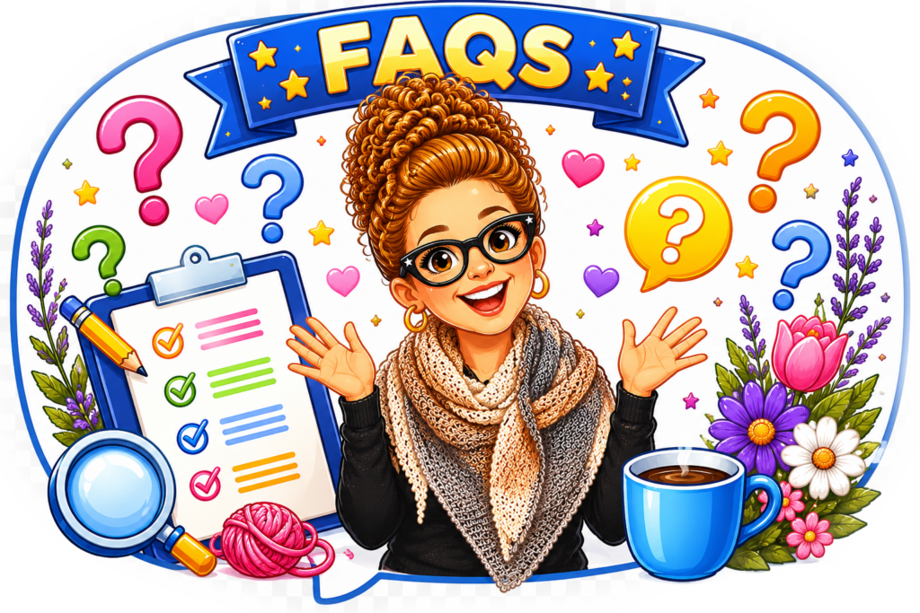 A woman with glasses smiles near colorful yarn and a clipboard, suggesting a crochet entrelac project is being discussed.