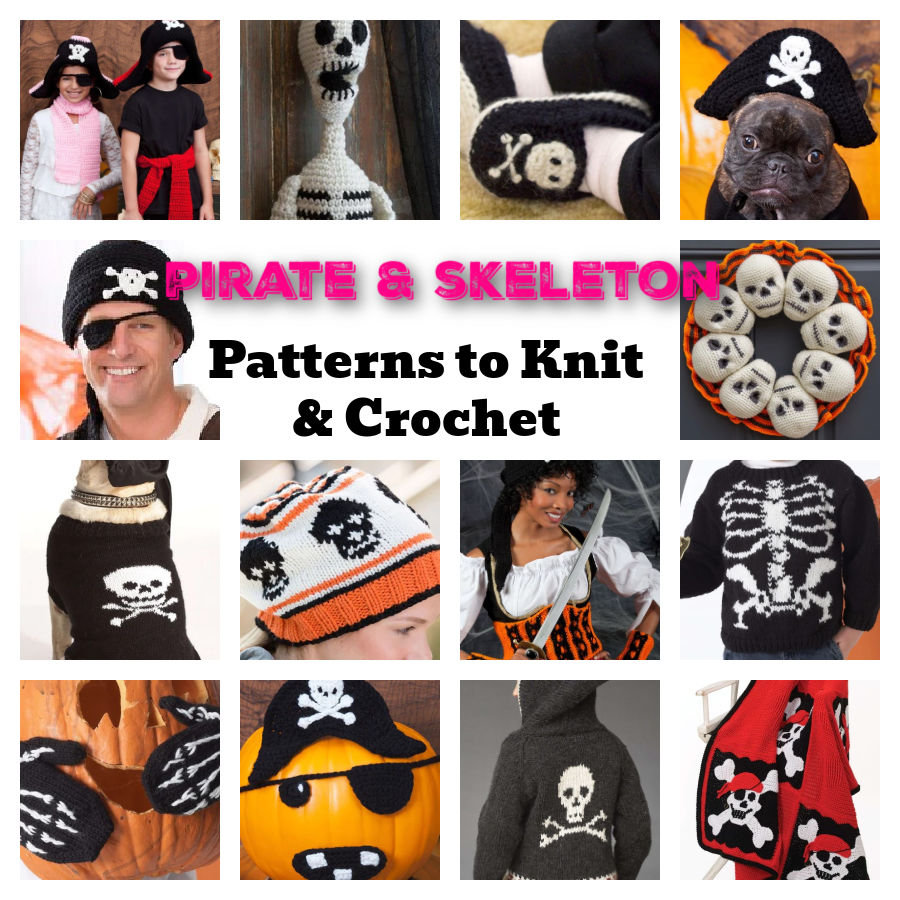 Over 14 different pirate and skeleton knit and crochet patterns - free Halloween decorations and costumes. Marly Bird. Patterns include pirate hats, skeleton amigurumi, skull wreath, dog costume, hats, blanket, mittens, slippers, pirate wench costume, child's hoodie.