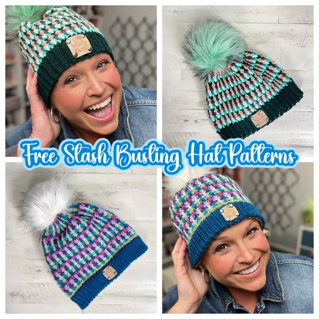 A smiling woman models colorful, beginner-friendly crochet hat patterns with pom-poms in a collage. Text reads “Free Stash Busting Hat Patterns.” Each hat features bright multicolor designs and a brown tag on the brim. -Marly Bird