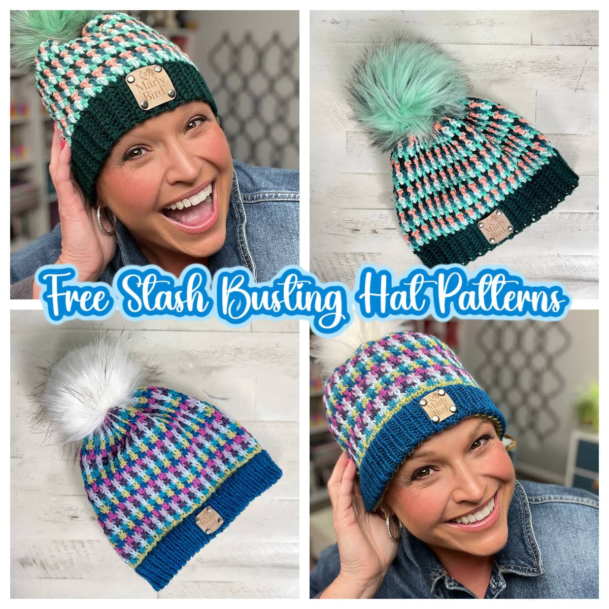 A smiling woman models colorful, beginner-friendly crochet hat patterns with pom-poms in a collage. Text reads “Free Stash Busting Hat Patterns.” Each hat features bright multicolor designs and a brown tag on the brim. -Marly Bird