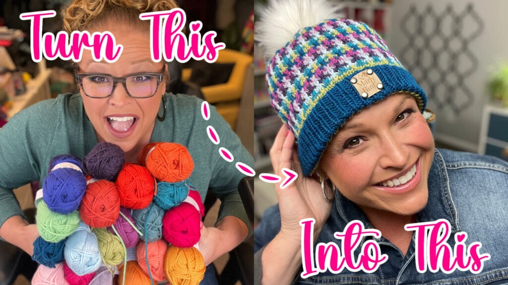 A woman holding colorful yarn balls with text "Turn This" and an arrow pointing to another woman wearing a multicolored knit hat, created using a mosaic slip stitch knitting pattern, with text "Into This. -Marly Bird