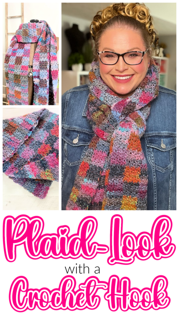 A woman wearing glasses and a denim jacket smiles while modeling a colorful, plaid patterned crochet scarf. The image includes two close-up shots of the scarf's texture and detail. The text overlay reads "Plaid-Look with a Crochet Hook" in pink and black lettering. Free Pattern included! -Marly Bird