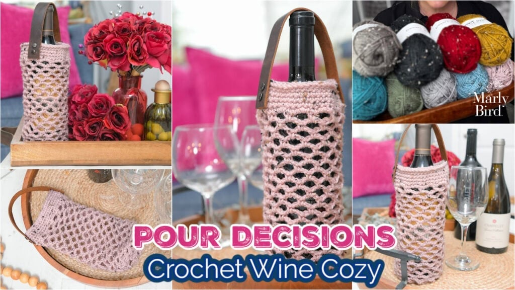 Pink crochet wine bottle cozy with leather strap, displayed on tray with roses, fruit, yarn balls, and close-up stitch detail.