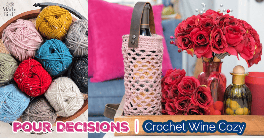 Crochet wine cozy with leather strap on wine bottle, detailed stitching; basket of colorful yarn and red floral decor nearby.