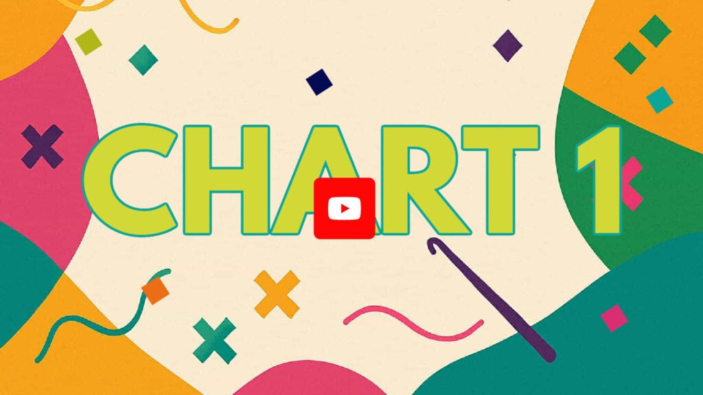 Colorful abstract background with large green text reading "CHART 1" in the center. A red YouTube play button overlaps the "A". Decorative shapes and squiggles, inspired by Spectrum Stitch, are scattered throughout. -Marly Bird