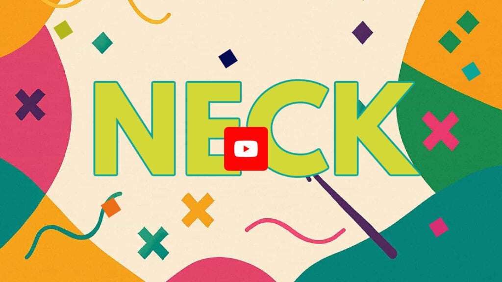 The word "NECK" in large green outlined letters is centered on a colorful abstract background with shapes and patterns, featuring a red YouTube play button icon over the letter "C"—perfect for the Prism Make-Along 2025 or your next Crochet Swoncho project. -Marly Bird