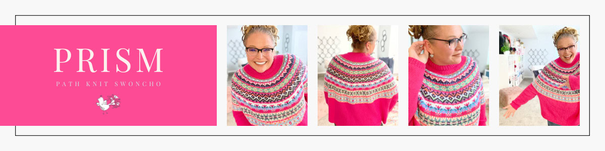 A smiling person in glasses models a bright pink, rainbow-patterned Knit Swoncho Pattern in four poses, next to a pink panel with the text “PRISM” and “Path Knit Swoncho,” decorated with a small white bird. -Marly Bird