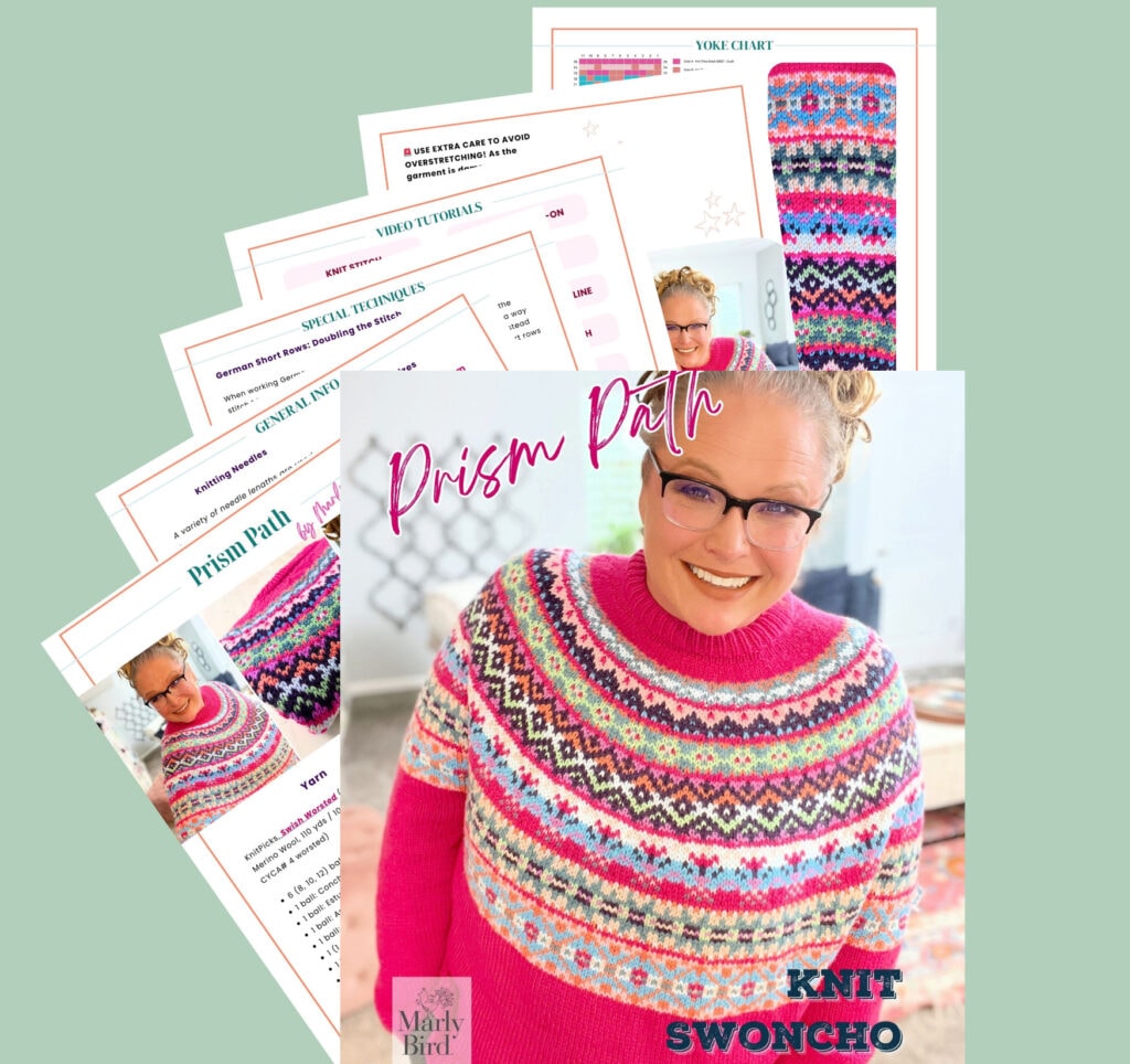 A smiling woman wearing the colorful Prism Path Knit Swoncho, a striking colorwork pattern, graces the cover of this knitting pattern booklet, surrounded by pages filled with charts, instructions, and detailed pattern info. -Marly Bird