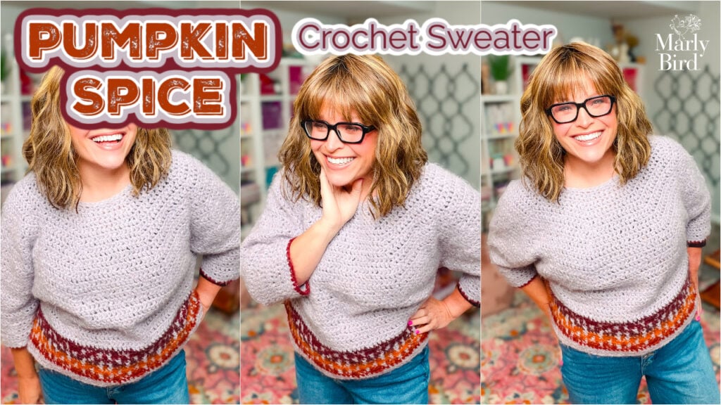 Marly Bird wearing the Pumpkin Spice free crochet oversized sweater pattern — a beginner mosaic crochet design in warm orange tones