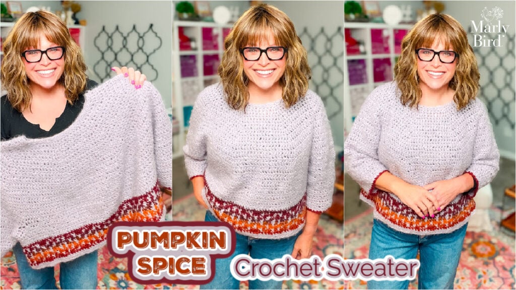 Marly Bird modeling the Pumpkin Spice Cropped Crochet Sweater showing the top-down construction and mosaic hem